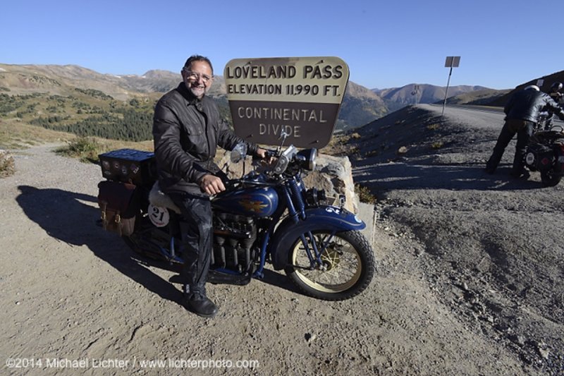 Paul Bessade of France on his 1929 Henderson KJ at the top of Loveland Pass during Stage 10 (278 miles) of the Motorcycle Cannonball Cross-Country Endurance Run from Golden to Grand Junction, CO., USA. Monday, September 15, 2014. Photography ©2014 Michael Lichter.