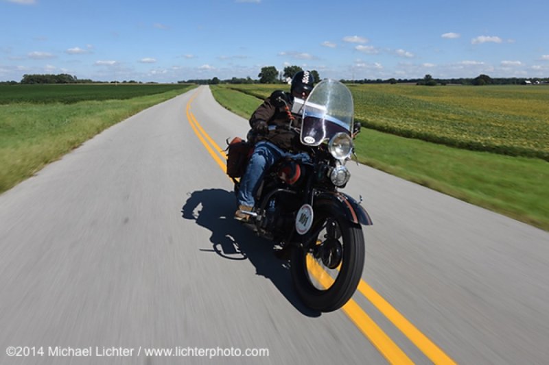 Terry Richardson riding his 1932 Harley-Davidson VL during Stage 4 of the Motorcycle Cannonball Cross-Country Endurance Run from Chatanooga to Clarksville, TN., USA. Monday, September 8, 2014. Photography ©2014 Michael Lichter.