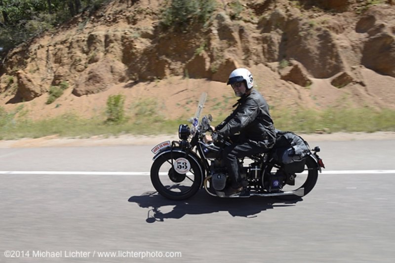 John Landstrom riding his 1928 BMW R62 during Stage 9 (249 miles) of the Motorcycle Cannonball Cross-Country Endurance Run from Burlington to Golden, CO., USA. Sunday, September 14, 2014. Photography ©2014 Michael Lichter.