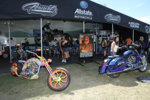 Custom bikes built by Rick Fairless, Arlen Ness and Dave Perewitz graced the Allstate booth at Winterplace Park