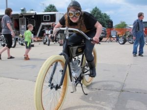 Hailey Braunsky, ready to race on her replica 1920 H-D Board Track Racer