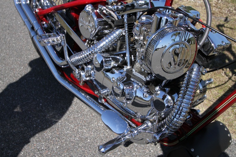 The Rivera SU carburetor and air cleaner and the customized Mid-USA oil tank are just a few of the components giving the chopper its unique character