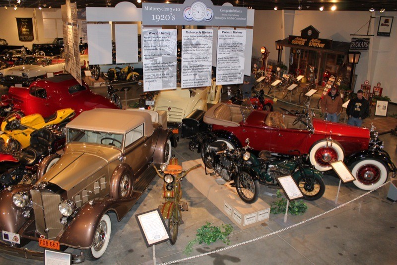 Nestled among the classic Packard autos were 30 motorcycles and 10 bicycles in the Motorcycles '3 for 10' exhibit