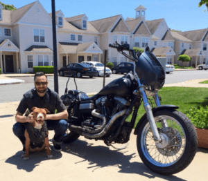 Anthony Ungaro with his ’07 FXDB and pit bull buddy Donnie