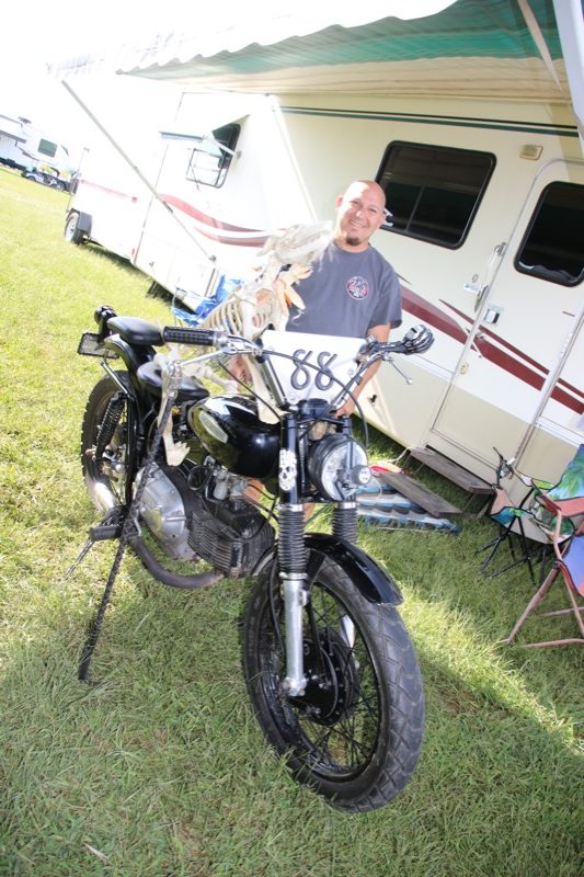 The RIP James Wade Dillinger bike with skeleton dog who was also James’ camp companion