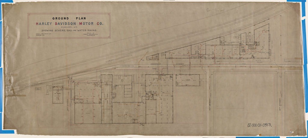 Ground plans from 1910 showing sewer, gas and water lines for the Juneau Ave. complex.