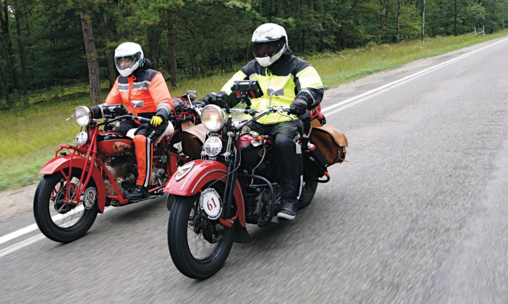 Riders from 28 states took up the challenge to navigate the back roads of America on antique motorcycles. The field consisted of nine different marques, including Harley, Indian, Triumph, Henderson, BSA, Nimbus, Norton, Zundapp and a Velocette.
