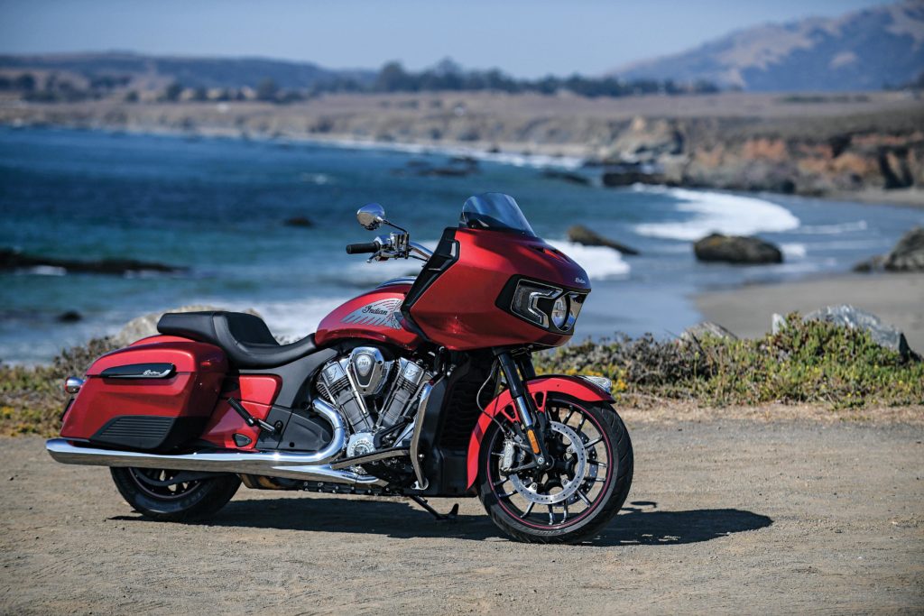 The 2020 Indian Challenger Limited is available in Thunder Black Pearl, Deepwater Metallic and Ruby Metallic (shown). All Challenger models get the protective plastic covers on the lower front of the top-loading saddlebags.