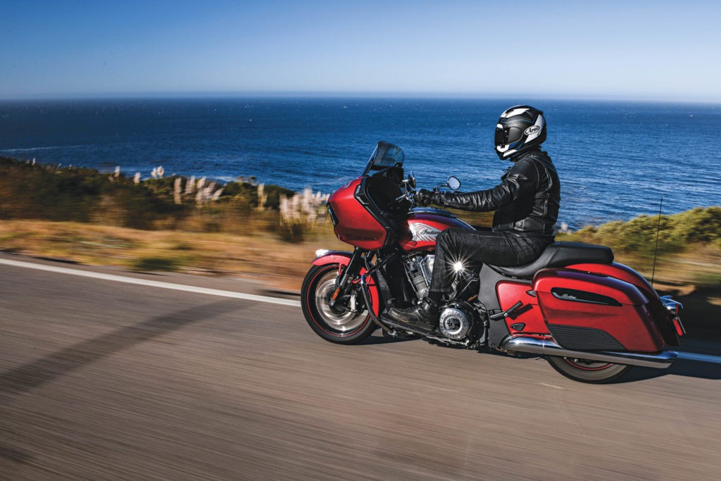 The 2020 Indian Challenger is an all-new bagger platform featuring the liquid-cooled PowerPlus 108 V-twin. This particular model shown cruising down California’s Highway 1 is the  2020 Challenger Limited.