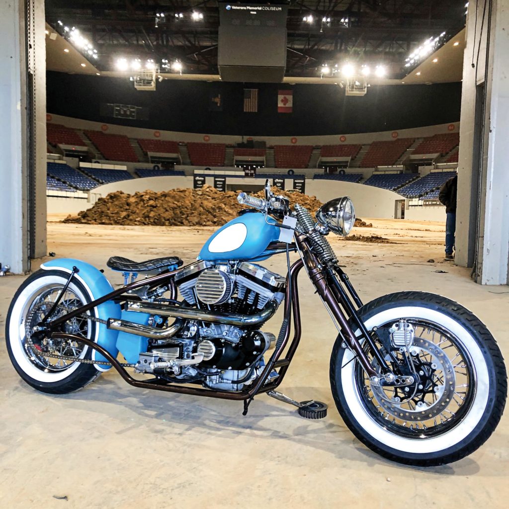 This hardtail Sportster was built by author Ricky Bongos in the space of a month and features parts from USA Parts Co., which offers 100% made in the USA motorcycle products. Bongos stayed up all night finishing the build, had 15 hours to drive from Las Vegas to Portland, and loaded in just 15 minutes before the doors opened.