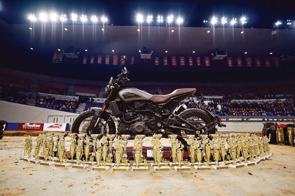 Racing trophies surround an Indian FTR1200 in the Coliseum, while local Portland heavy metal band Red Fang Band (above) entertained the folks in a particularly high-volume way.