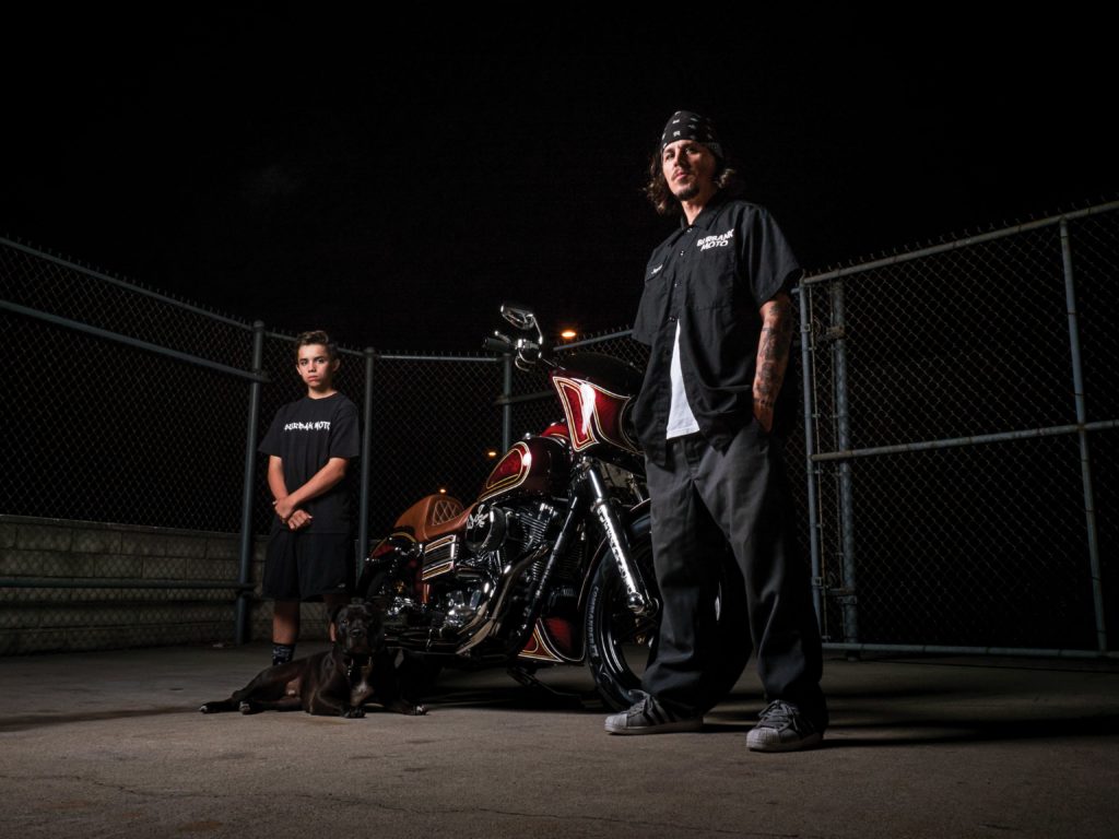 Jerry Turner II, Jerry Turner III and shop dog, Archie, pose during a publicity shoot in front of our Dyna build, “El Jefe.” 