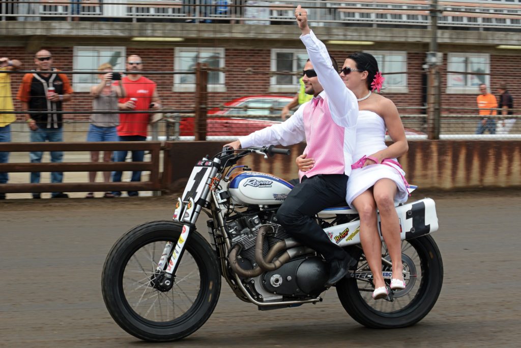 Mr. and Mrs. Mees took a lap around the Springfield Mile on Jared’s #1 XR750 after their short wedding ceremony during Opening Ceremonies.  
